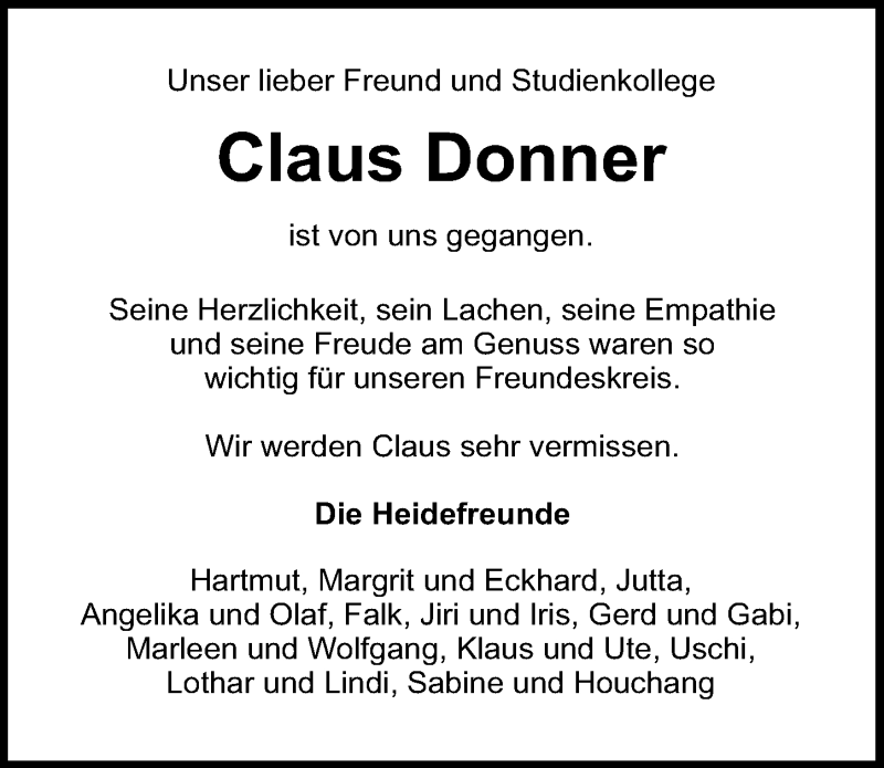  Traueranzeige für Claus Donner vom 08.08.2020 aus Aller Zeitung