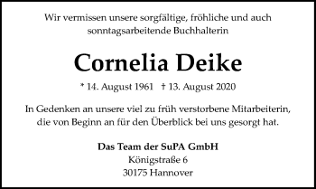 Traueranzeige von Cornelia Deike von Hannoversche Allgemeine Zeitung/Neue Presse
