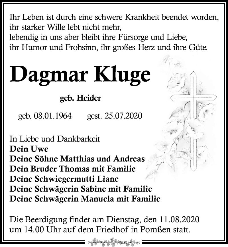  Traueranzeige für Dagmar Kluge vom 01.08.2020 aus Leipziger Volkszeitung