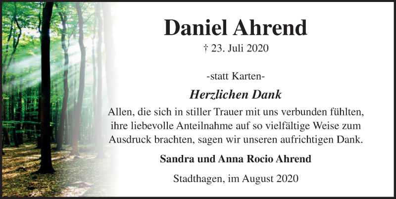  Traueranzeige für Daniel Ahrend vom 22.08.2020 aus Schaumburger Nachrichten