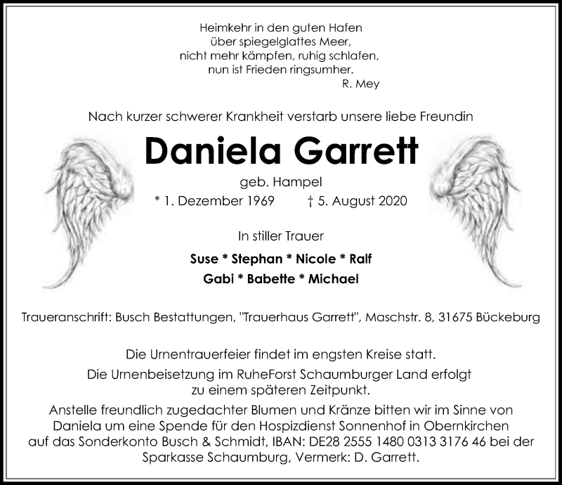  Traueranzeige für Daniela Garrett vom 08.08.2020 aus Schaumburger Nachrichten