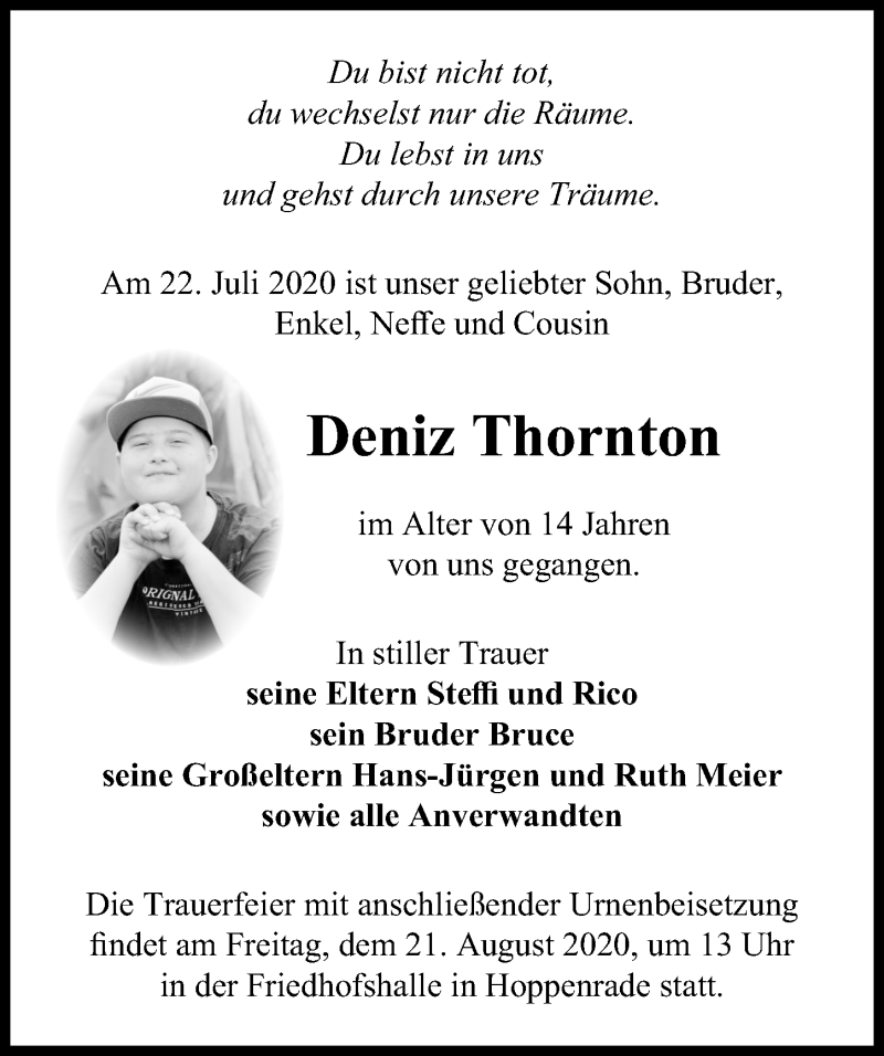  Traueranzeige für Deniz Thornton vom 08.08.2020 aus Märkischen Allgemeine Zeitung
