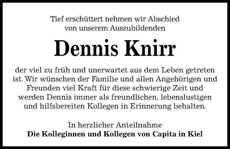  Traueranzeige für Dennis Knirr vom 15.08.2020 aus Kieler Nachrichten