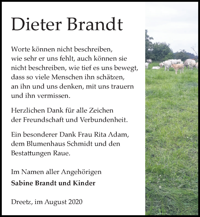  Traueranzeige für Dieter Brandt vom 15.08.2020 aus Märkischen Allgemeine Zeitung