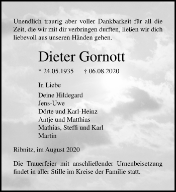 Traueranzeige von Dieter Gornott von Ostsee-Zeitung GmbH