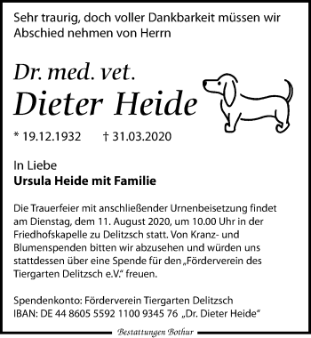Traueranzeige von Dieter Heide von Leipziger Volkszeitung