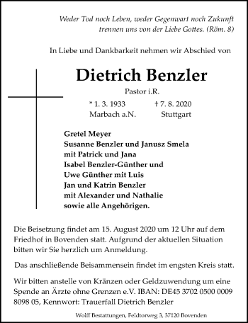 Traueranzeige von Dietrich Benzler von Göttinger Tageblatt