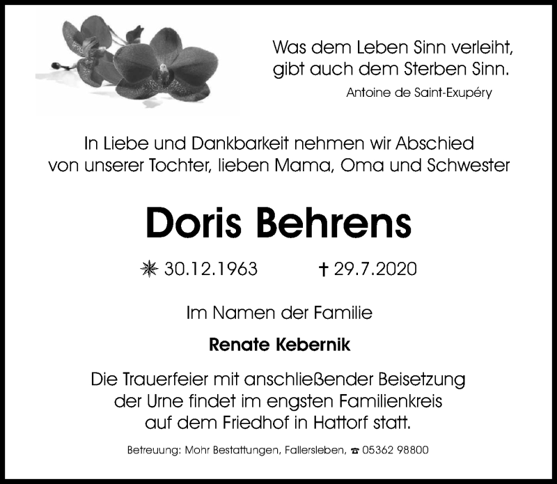  Traueranzeige für Doris Behrens vom 08.08.2020 aus Aller Zeitung