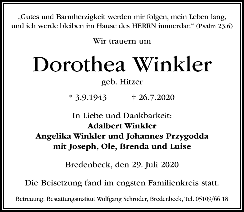  Traueranzeige für Dorothea Winkler vom 01.08.2020 aus Hannoversche Allgemeine Zeitung/Neue Presse