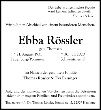 Traueranzeige von Ebba Rössler von Kieler Nachrichten