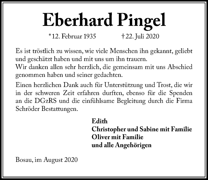  Traueranzeige für Eberhard Pingel vom 30.08.2020 aus Lübecker Nachrichten