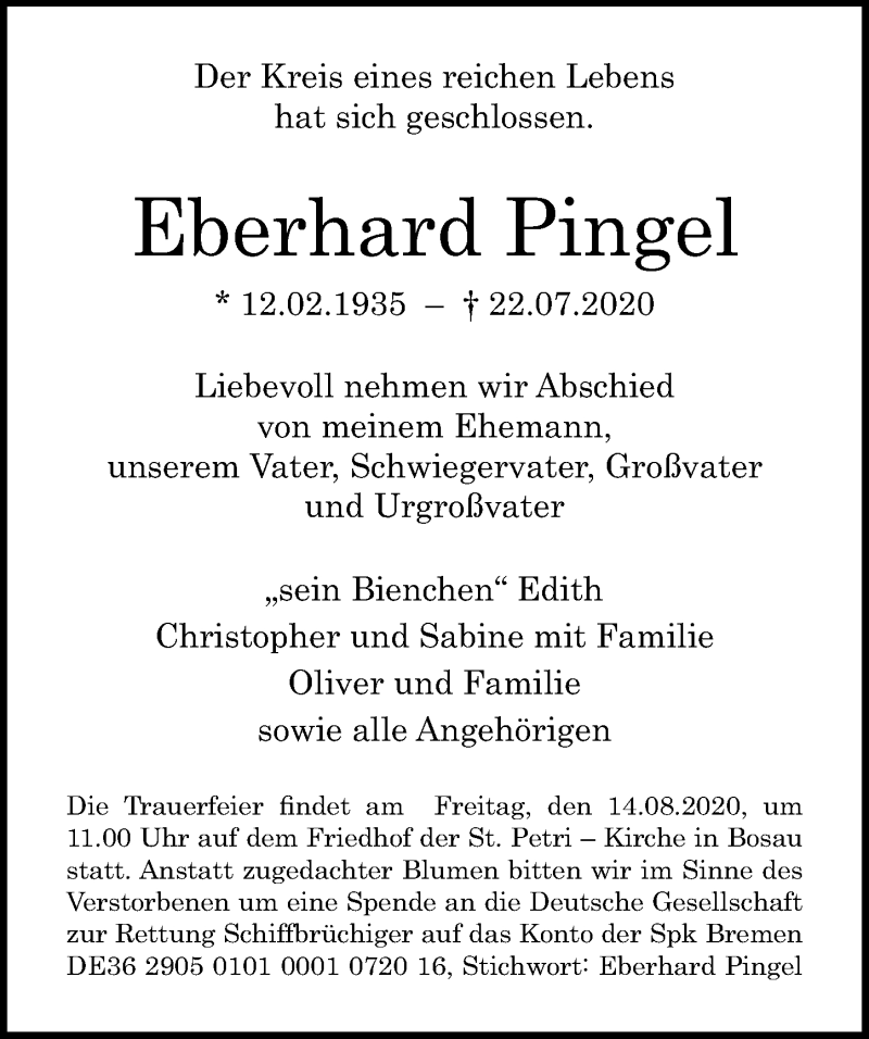  Traueranzeige für Eberhard Pingel vom 02.08.2020 aus Lübecker Nachrichten