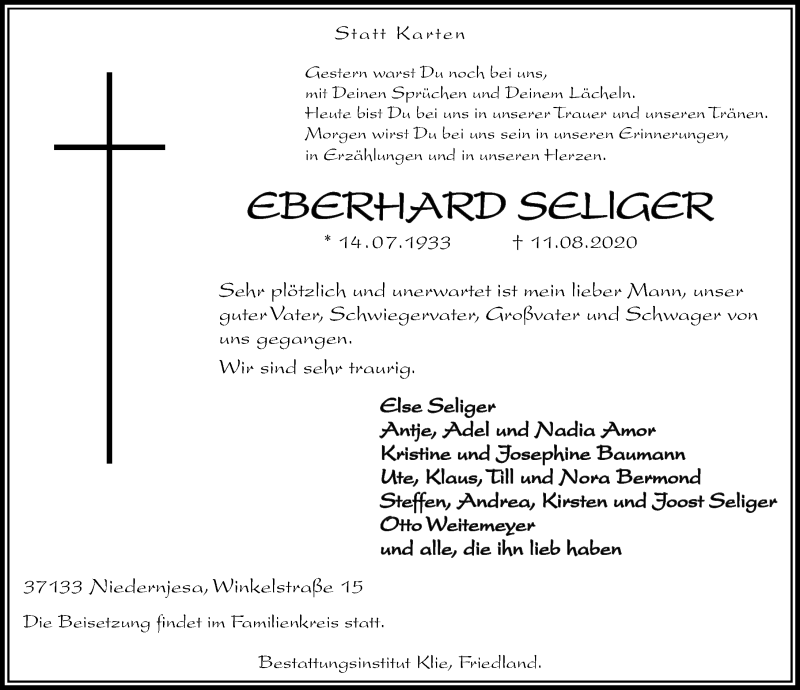  Traueranzeige für Eberhard Seliger vom 14.08.2020 aus Göttinger Tageblatt