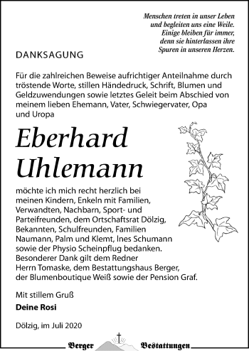 Traueranzeige von Eberhard Uhlemann von Leipziger Volkszeitung