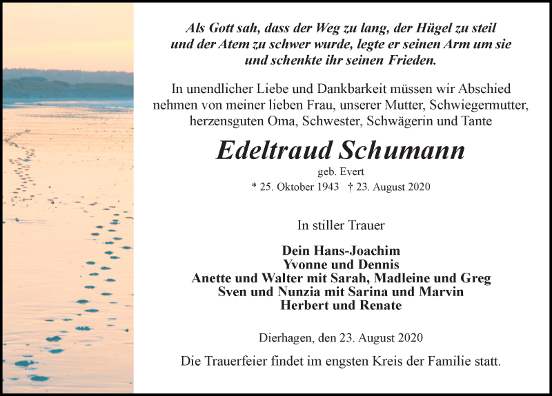  Traueranzeige für Edeltraud Schumann vom 29.08.2020 aus Ostsee-Zeitung GmbH