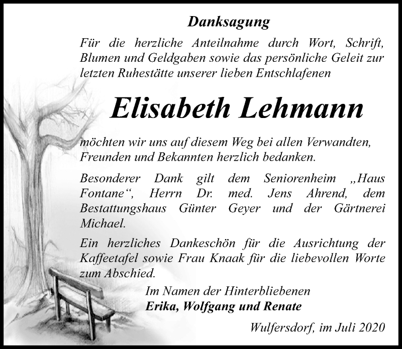  Traueranzeige für Elisabeth Lehmann vom 01.08.2020 aus Märkischen Allgemeine Zeitung