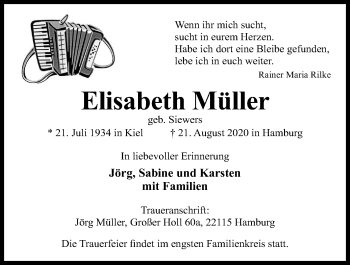 Traueranzeige von Elisabeth Müller von Kieler Nachrichten