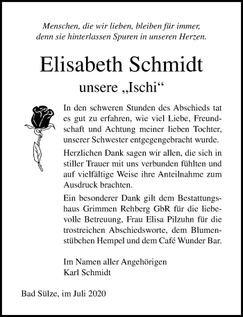 Traueranzeige von Elisabeth Schmidt von Ostsee-Zeitung GmbH