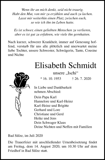 Traueranzeige von Elisabeth Schmidt von Ostsee-Zeitung GmbH