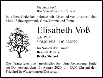 Traueranzeige von Elisabeth Voß