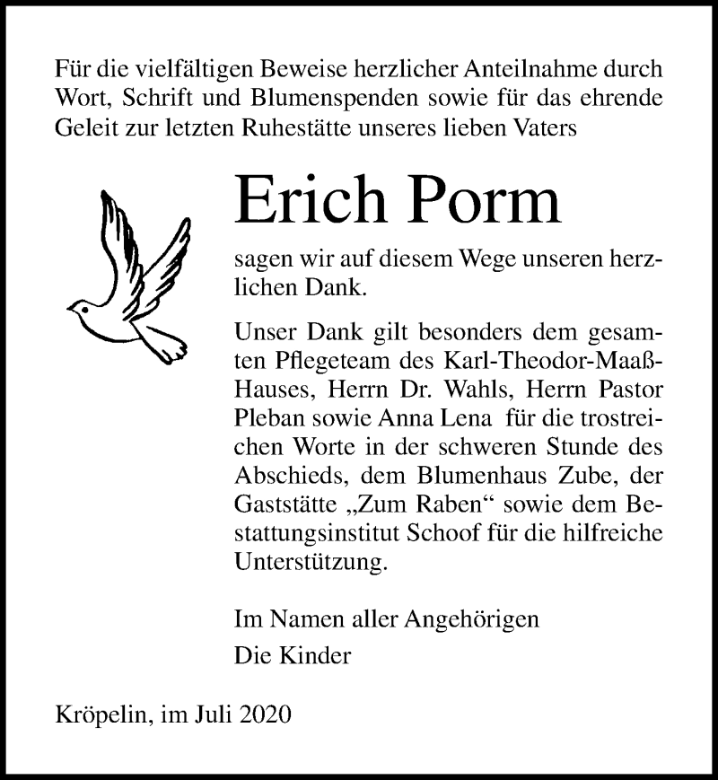  Traueranzeige für Erich Porm vom 01.08.2020 aus Ostsee-Zeitung GmbH