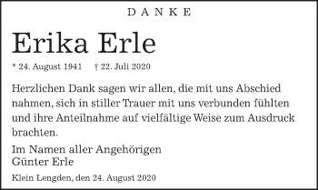 Traueranzeige von Erika Erle von Göttinger Tageblatt