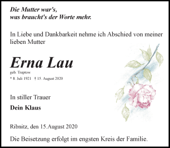 Traueranzeige von Erna Lau von Ostsee-Zeitung GmbH