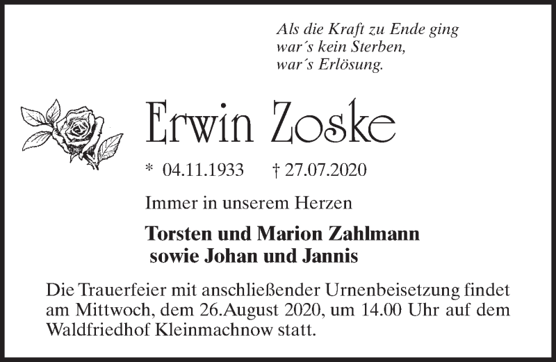  Traueranzeige für Erwin Zoske vom 22.08.2020 aus Märkischen Allgemeine Zeitung