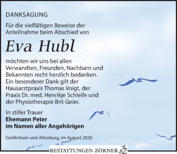 Traueranzeige von Eva Hubl von Leipziger Volkszeitung