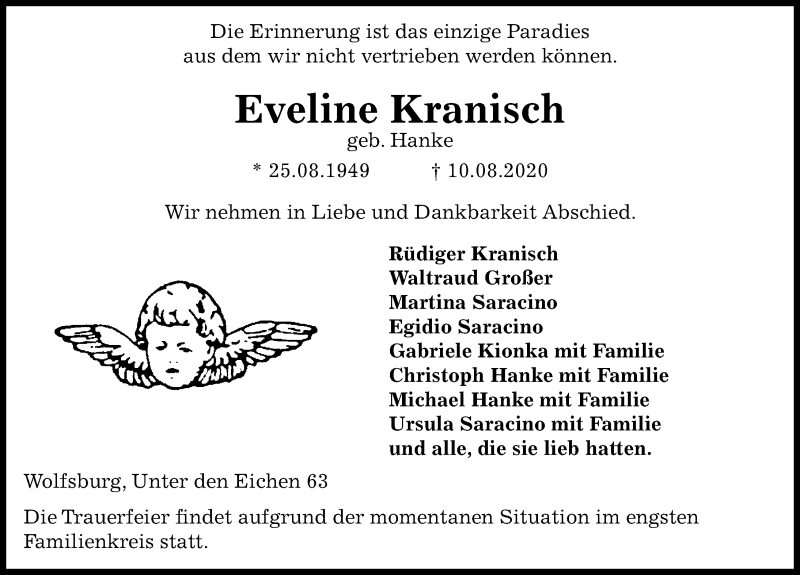  Traueranzeige für Eveline Kranisch vom 12.08.2020 aus Aller Zeitung