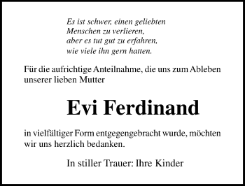Traueranzeige von Evi Ferdinand von Ostsee-Zeitung GmbH