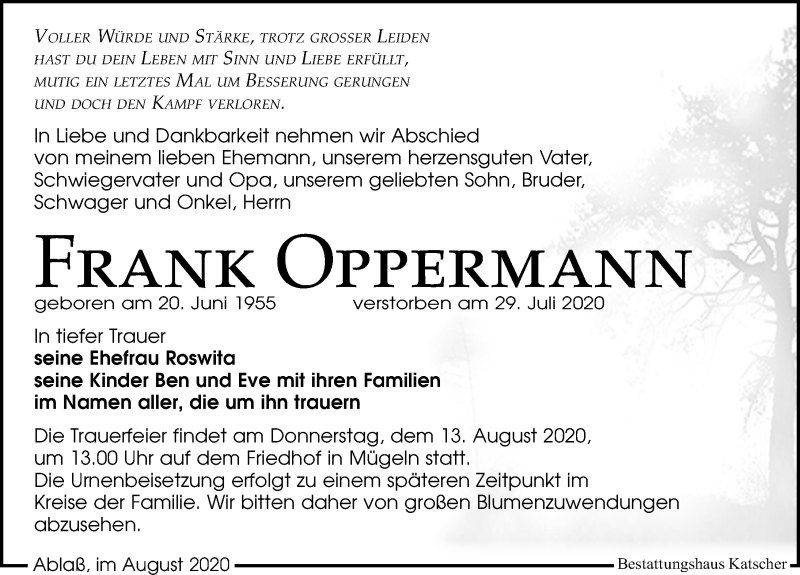  Traueranzeige für Frank Oppermann vom 01.08.2020 aus Leipziger Volkszeitung