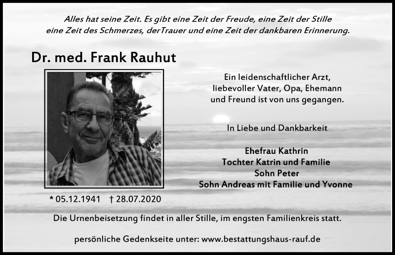  Traueranzeige für Frank Rauhut vom 01.08.2020 aus Märkischen Allgemeine Zeitung