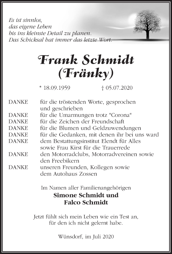  Traueranzeige für Frank Schmidt vom 08.08.2020 aus Märkischen Allgemeine Zeitung