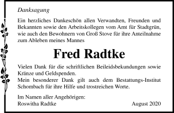 Traueranzeige von Fred Radtke von Ostsee-Zeitung GmbH