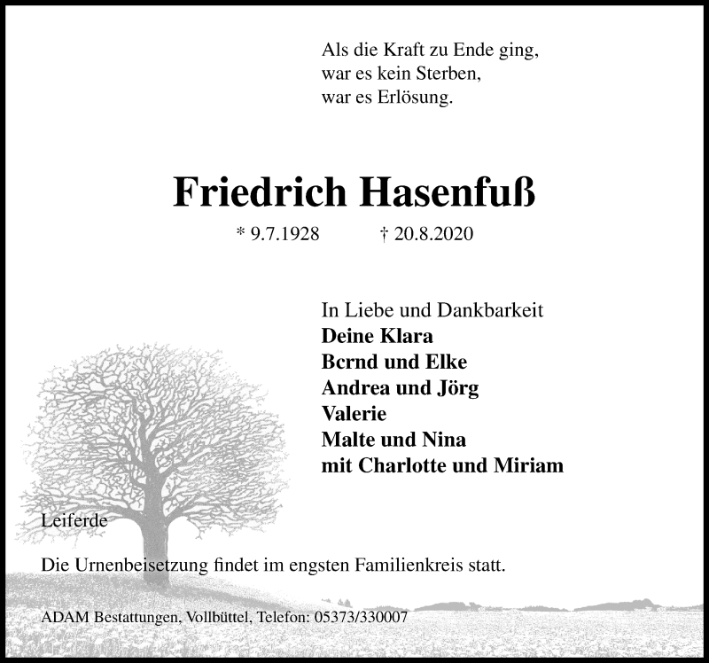  Traueranzeige für Friedrich Hasenfuß vom 26.08.2020 aus Aller Zeitung