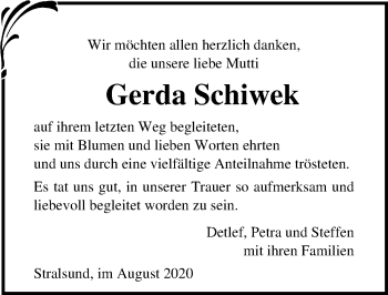 Traueranzeige von Gerda Schiwek von Ostsee-Zeitung GmbH
