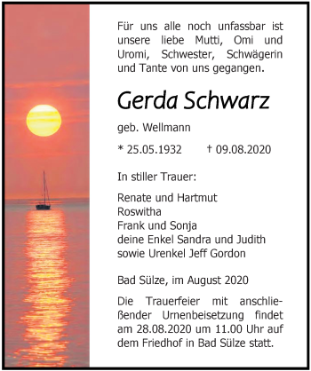 Traueranzeige von Gerda Schwarz von Ostsee-Zeitung GmbH