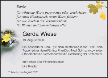 Traueranzeige von Gerda Wiese von Ostsee-Zeitung GmbH