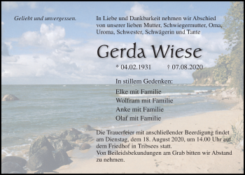 Traueranzeige von Gerda Wiese von Ostsee-Zeitung GmbH