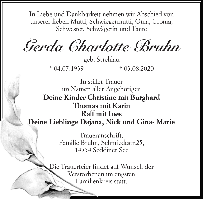  Traueranzeige für Gerda Charlotte Bruhn vom 08.08.2020 aus Märkischen Allgemeine Zeitung