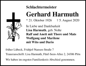 Traueranzeige von Gerhard Harmuth von Lübecker Nachrichten