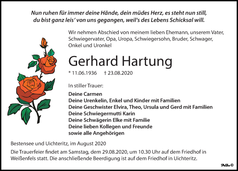  Traueranzeige für Gerhard Hartung vom 29.08.2020 aus Märkischen Allgemeine Zeitung