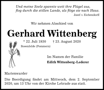 Traueranzeige von Gerhard Wittenberg von Kieler Nachrichten