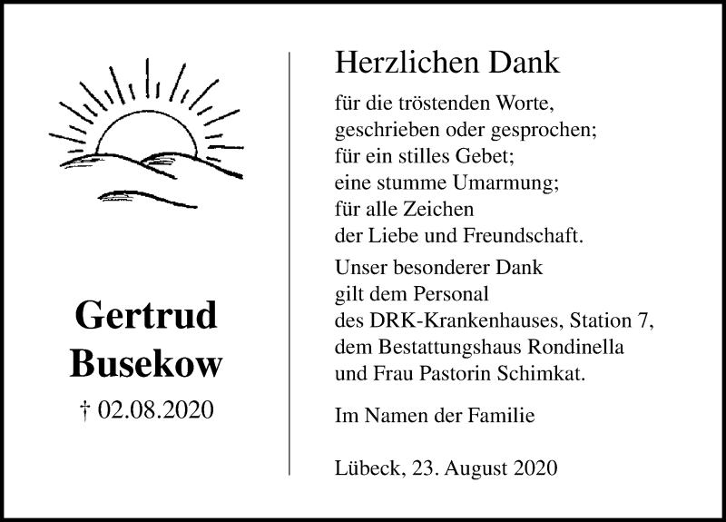  Traueranzeige für Gertrud Busekow vom 23.08.2020 aus Lübecker Nachrichten