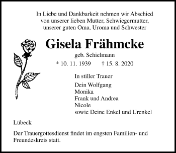 Traueranzeige von Gisela Frähmcke von Lübecker Nachrichten