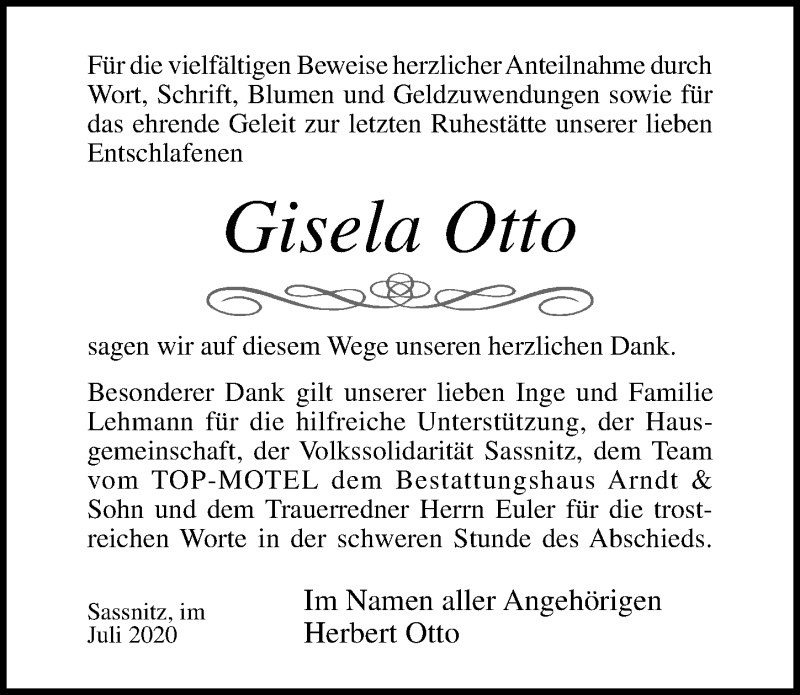 Traueranzeige für Gisela Otto vom 01.08.2020 aus Ostsee-Zeitung GmbH