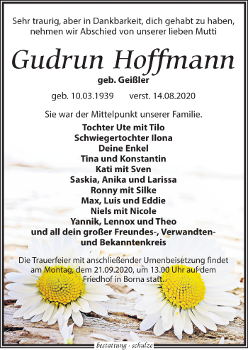 Traueranzeige von Gudrun Hoffmann von Leipziger Volkszeitung