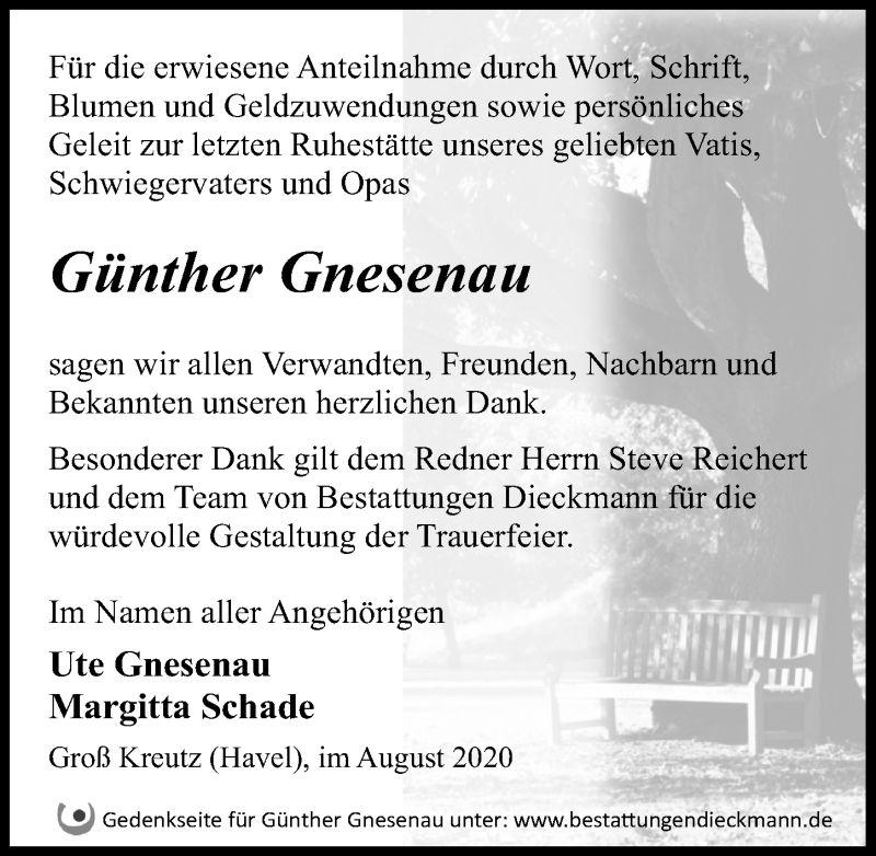  Traueranzeige für Günther Gnesenau vom 08.08.2020 aus Märkischen Allgemeine Zeitung