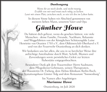 Traueranzeige von Günther Howe von Märkischen Allgemeine Zeitung